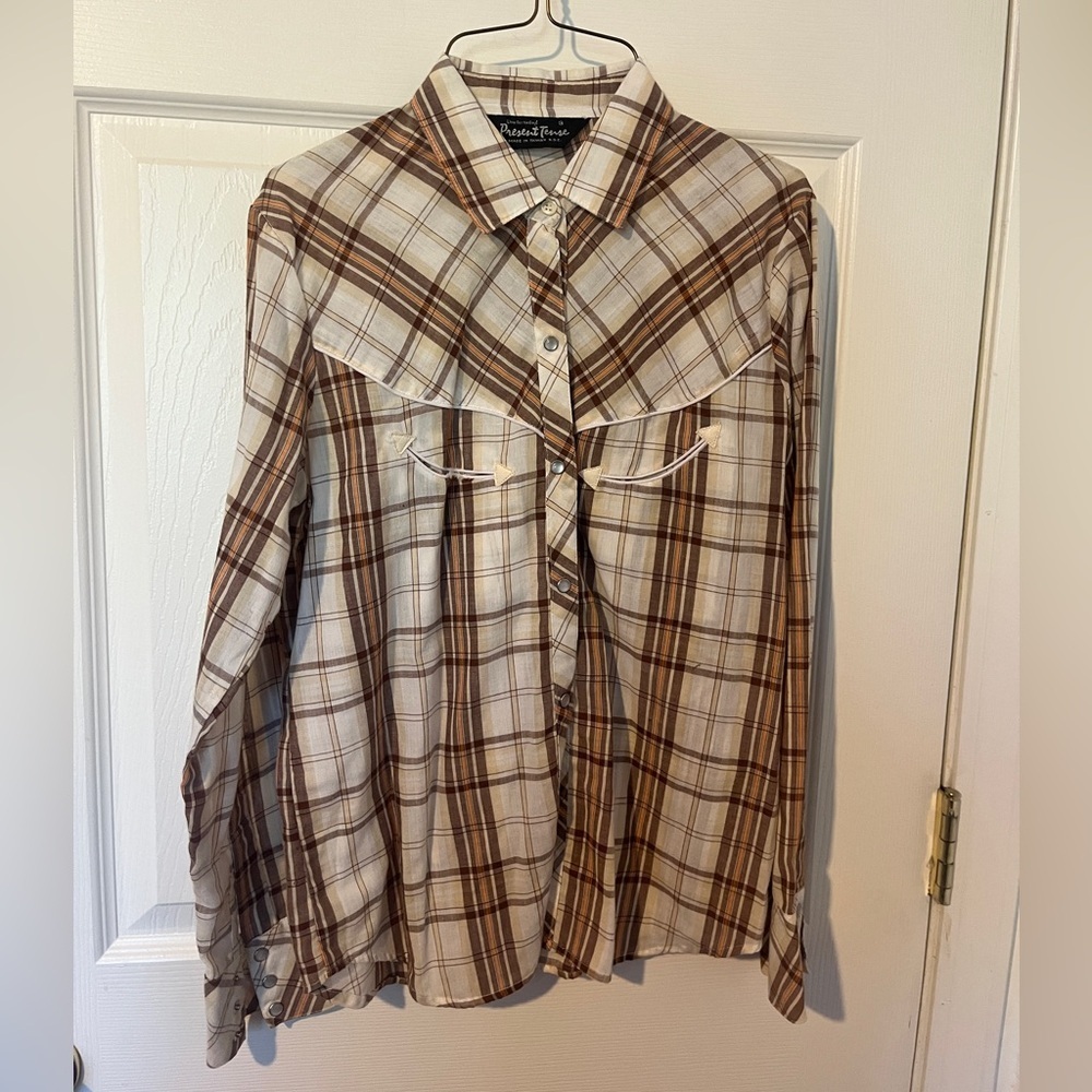 70s Vintage present tense pearl snap western button up shirt size small